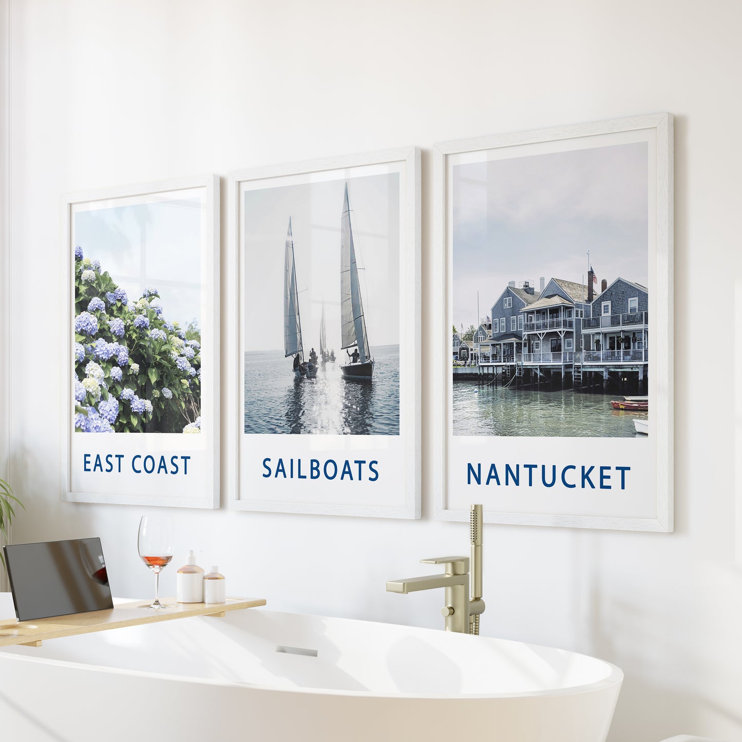 Nantucket Art Set of 3. Blue Hydrangeas, Classic Sailboats Prints