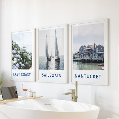 Nantucket Art Set of 3. Blue Hydrangeas, Classic Sailboats Prints