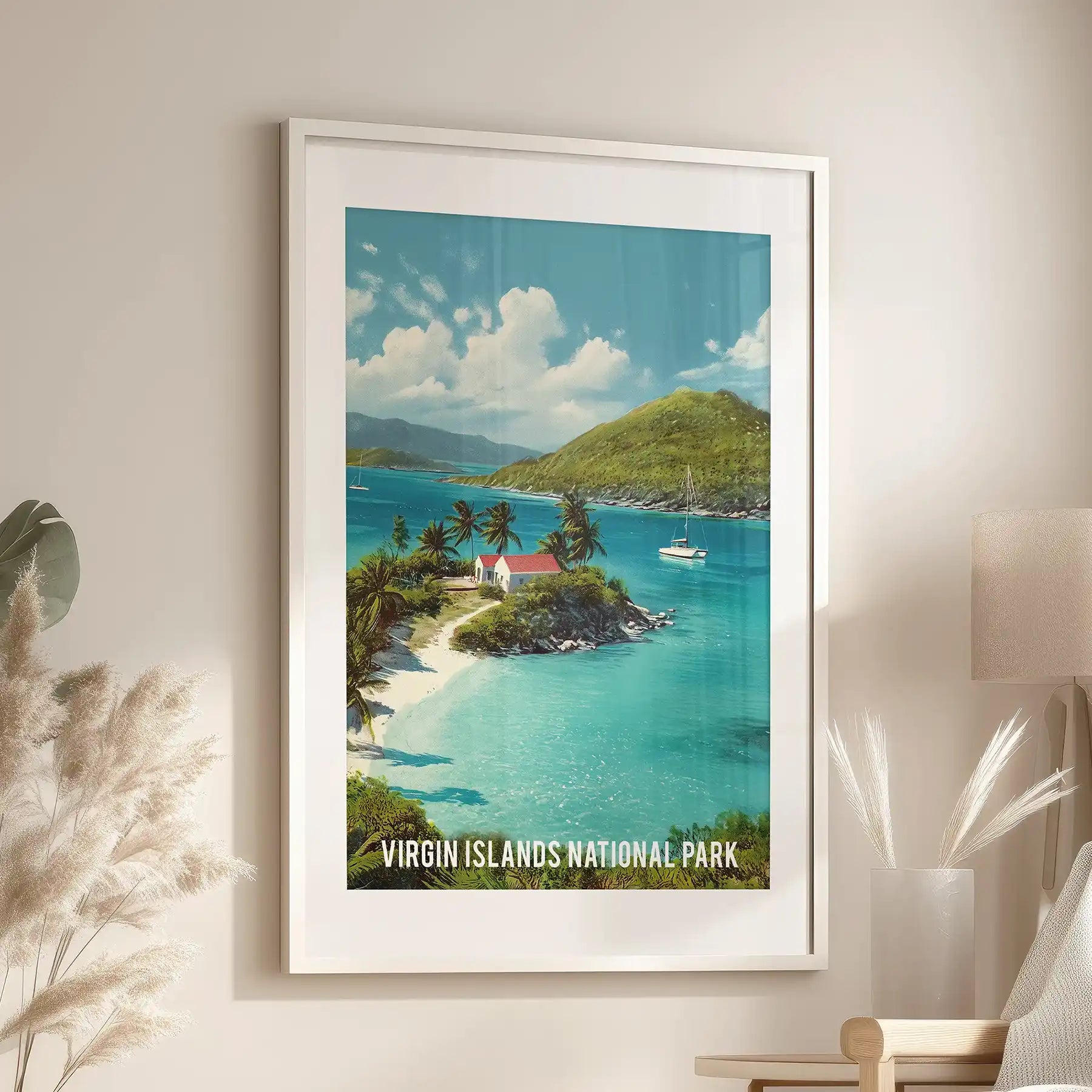 Single wall art of a tropical island beach, framed with a white mat, rests near an accent chair in the family room for a crisp coastal touch.