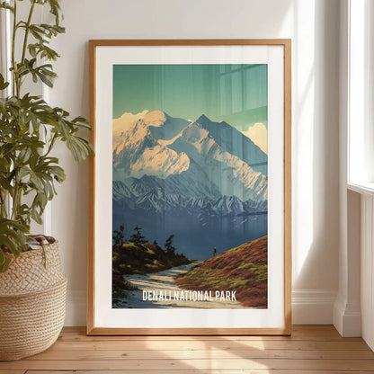A large wall poster of glacier-blue mountains becomes the bedroom’s bold focal piece, resting on the floor in its black frame with matting.