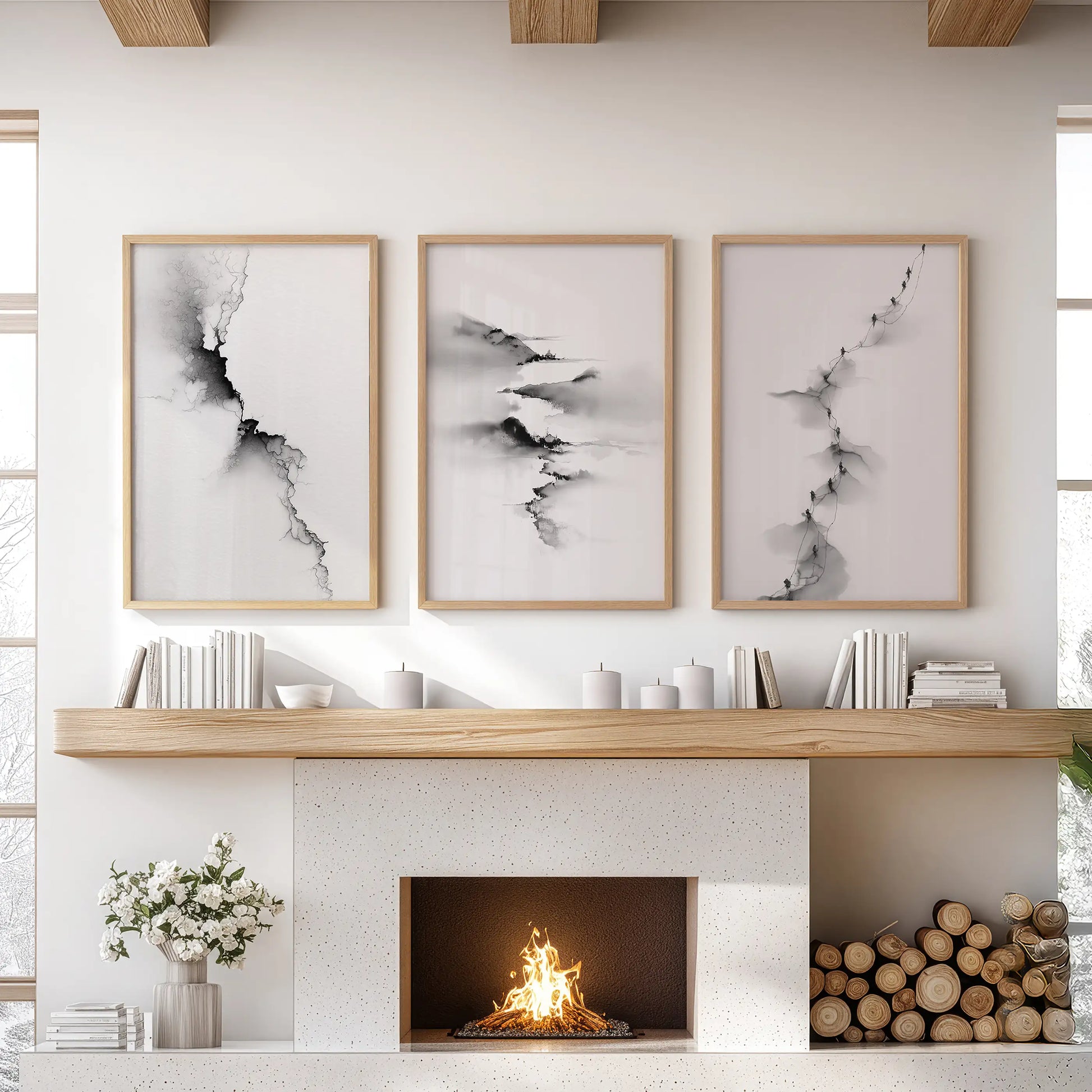 Abstract nature decor set, a three-piece artwork in light wood frames, anchors the living room above the mantelpiece with minimalist warmth.