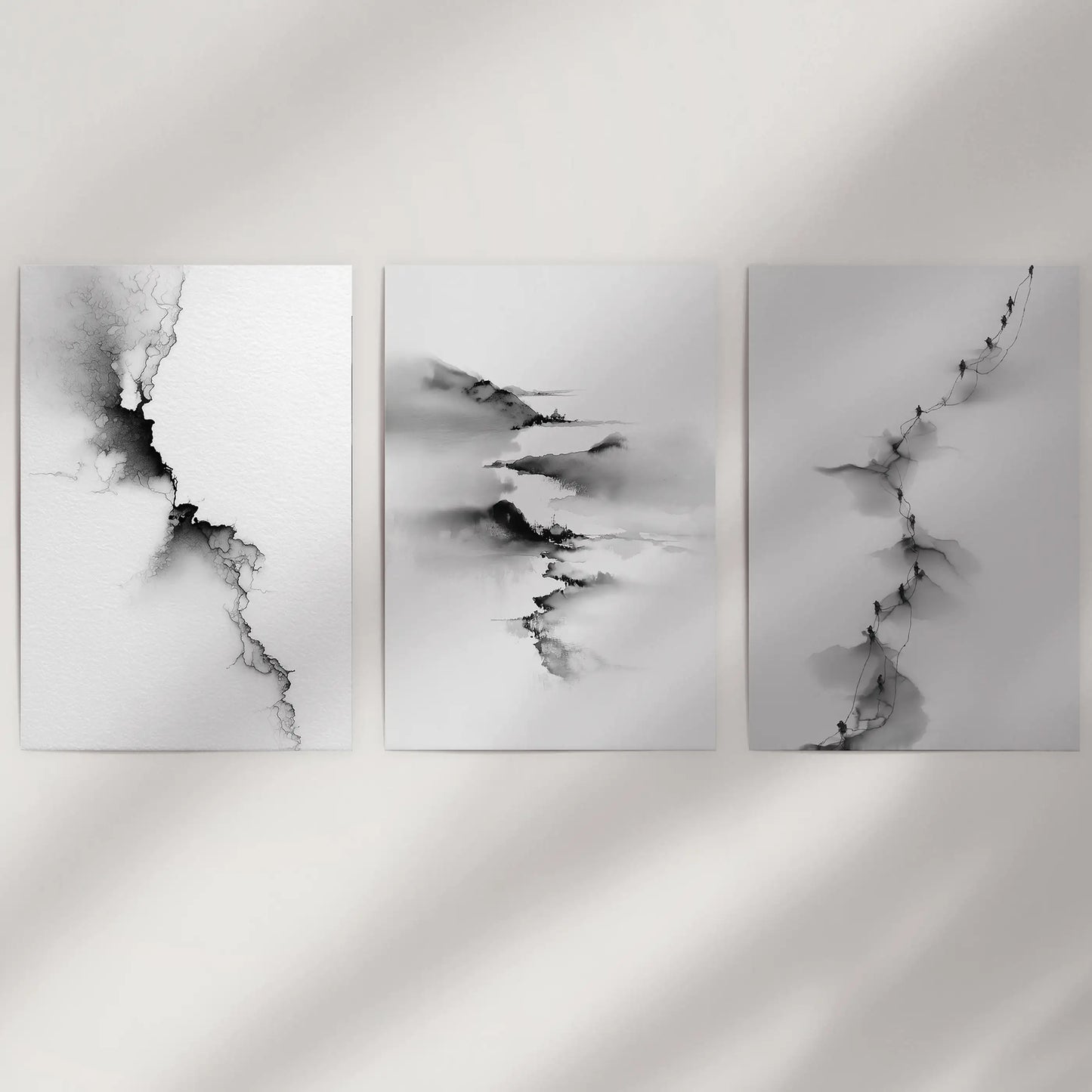 Calming scenic art triptych, a three-piece picture set of unframed prints, lends texture and depth to a bare wall space in monochrome.