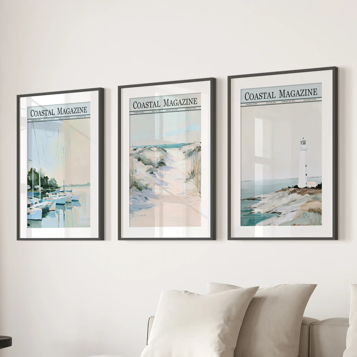 Seaside dunes 3-print wall art set in matted black frames, hung over a sectional in a family room.