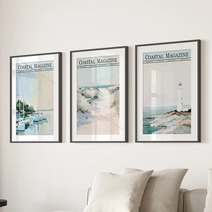 Seaside dunes 3-print wall art set in matted black frames, hung over a sectional in a family room.
