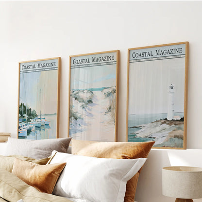 Seaside dunes three-piece wall art in light oak frames, arranged in a bedroom over the bed headboard.