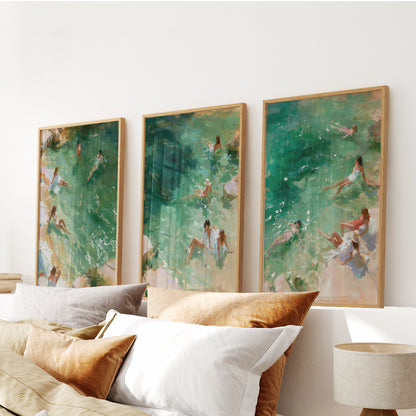 Mediterranean Beach Set of 3 Prints. Ocean Swimmer Wall Art