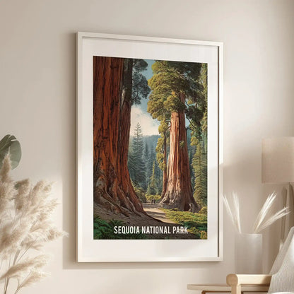 Wall art print of a redwood grove in a white frame with matting hangs above an armchair, showing tall trunks in soft, earthy tones.