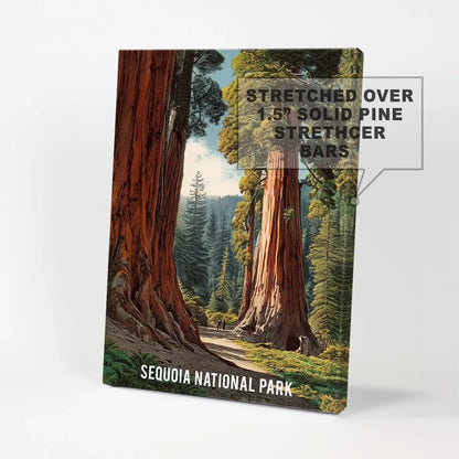 Wrapped canvas wall art of an evergreen forest trail captures deep woodland hues and towering Sequoias for an immersive look.