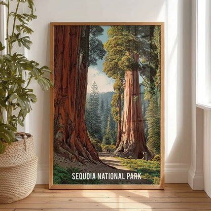 Decorative wall art of a woodland scene in a slim wood frame leans casually on the bedroom floor, lending a calm, rustic mood.