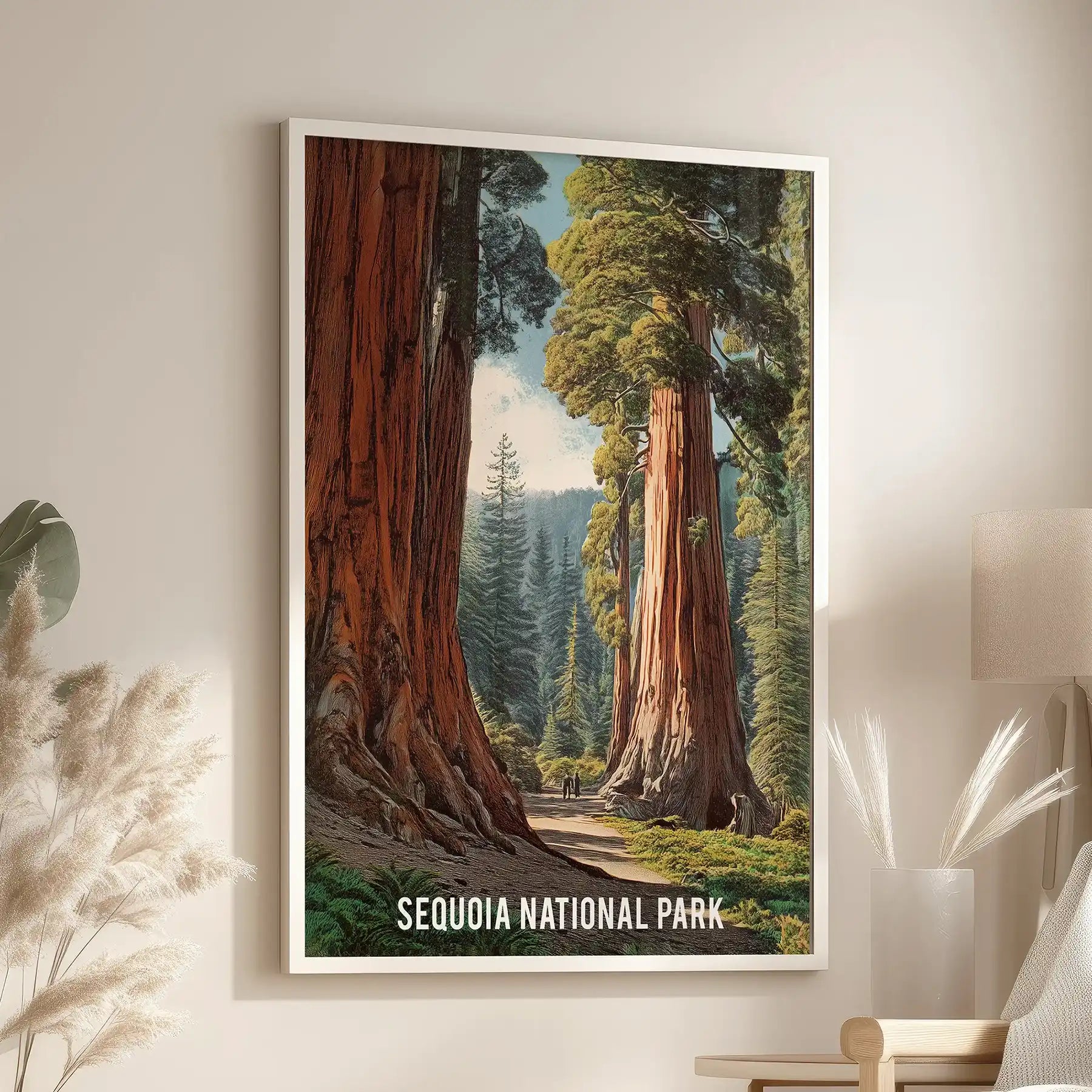 White-framed California poster hangs above a cozy chair, the standalone wall print adding vintage Sequoia charm to the sitting room.