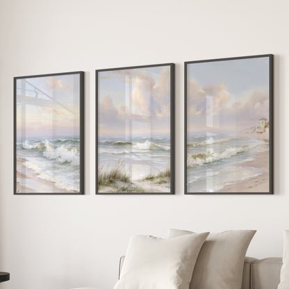 Beach Landscape Set of 3 Wall Decor. Serene Ocean Waves Prints