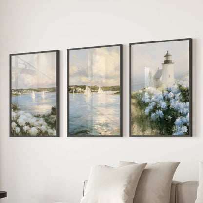 Vintage coastal seascape three-piece artwork, presented as black-framed prints, sets a relaxed mood in the lounge above the sectional sofa.