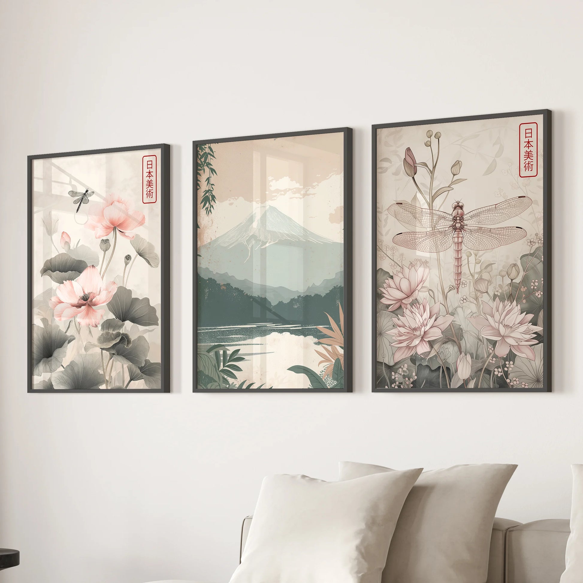 Mount Fuji landscape 3-piece prints in black frames, arranged over the family room couch to create a tranquil focal point with classic Japanese style.