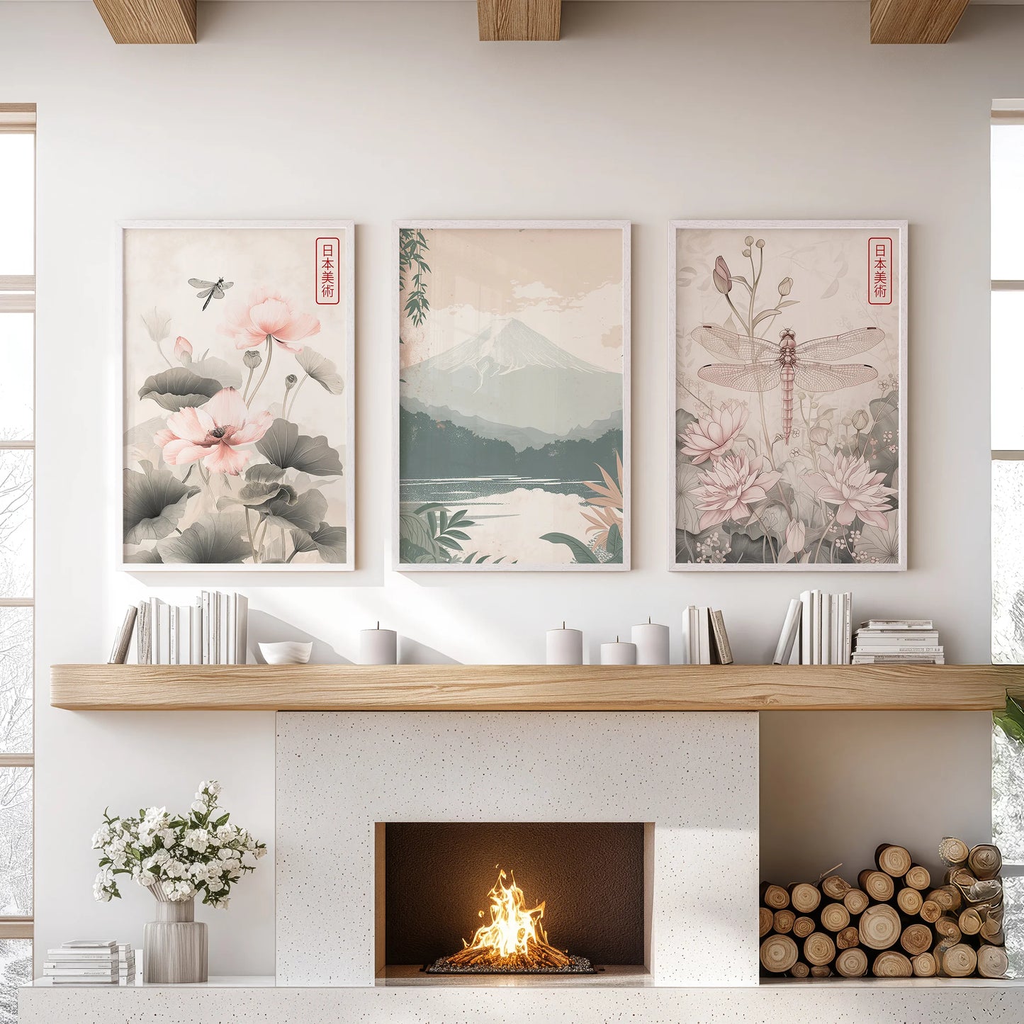 Lotus pond botanical 3-panel wall art in white frames, set over the sitting-room mantelpiece to freshen the hearth with soft greens and gentle motion.