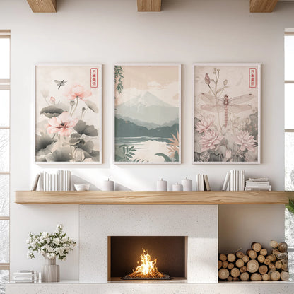 Lotus pond botanical 3-panel wall art in white frames, set over the sitting-room mantelpiece to freshen the hearth with soft greens and gentle motion.