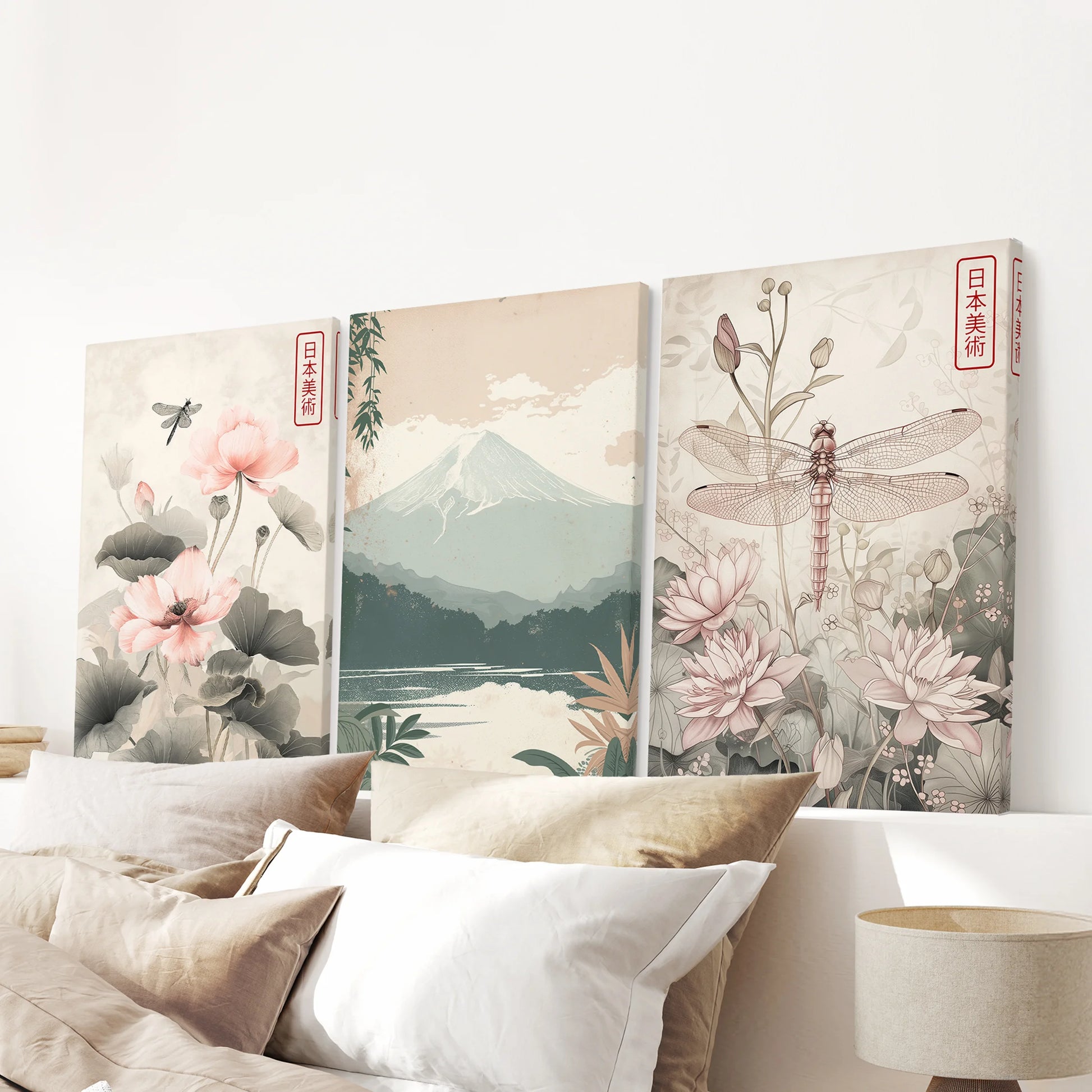 Lotus flower wall art, three canvas prints arranged over the bed in the bedroom, bringing airy petal forms to a restful Japandi-inspired scheme.