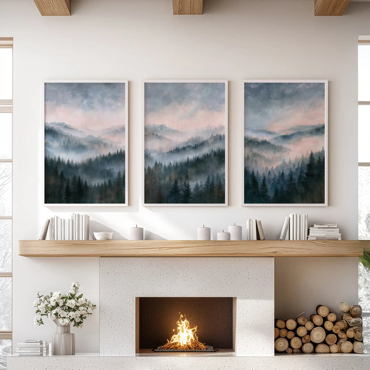 Nordic mountain scene prints, a 3-piece wall art set for the sitting room, arranged over the fireplace in clean white frames.