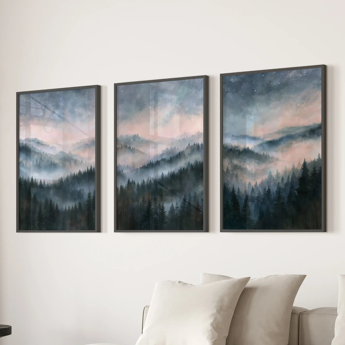 Nordic mountain scene wall art, a wall-hanging set of 3 in black frames, grounding the lounge over the sectional sofa.