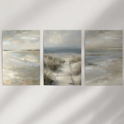 Unframed wall art prints with neutral coastal landscapes, a set of three, keep a minimal warmth across an open blank wall.