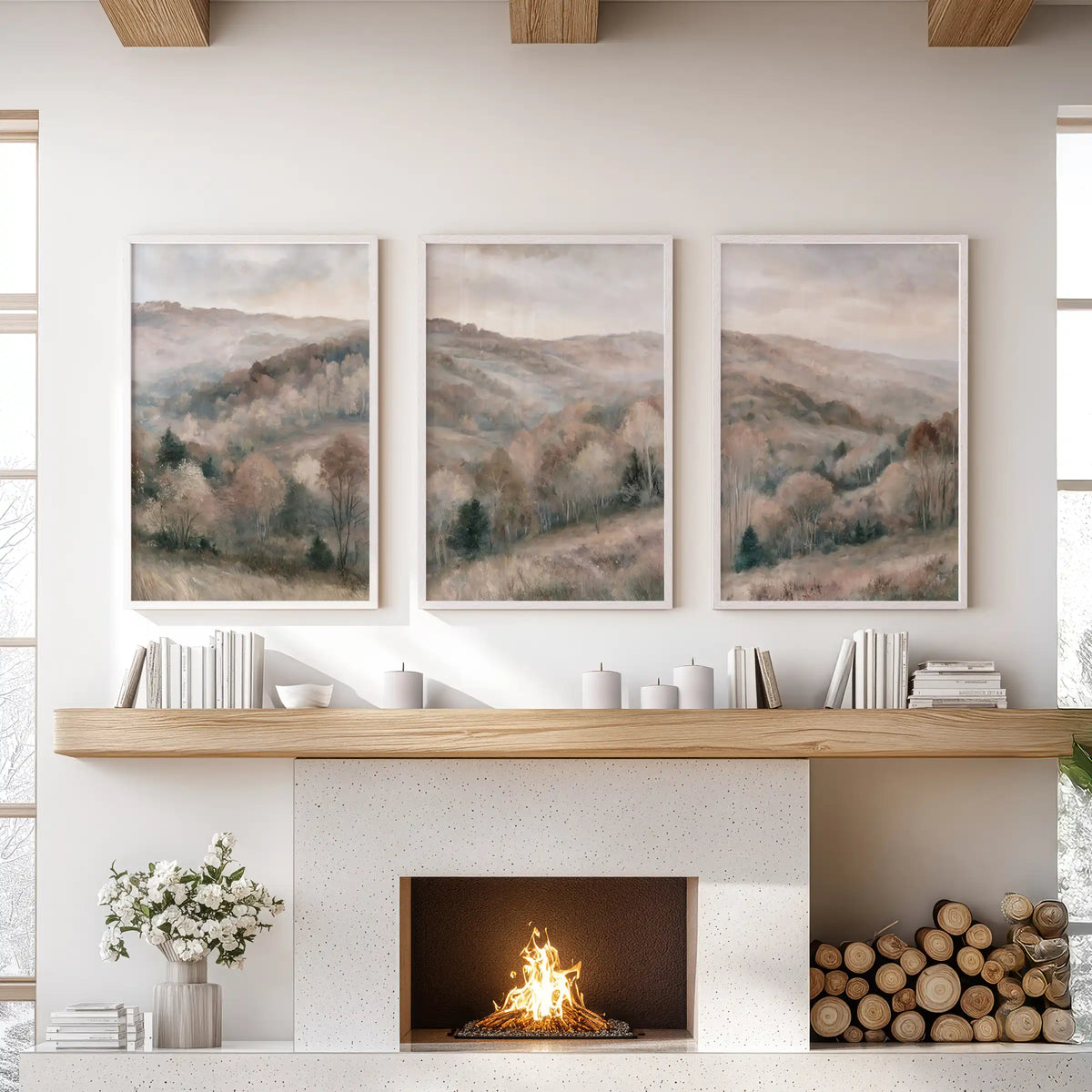 Woodland tree triptych wall art, a 3-piece set, crowns the living room mantel in bright white frames for a light, down-to-earth accent.