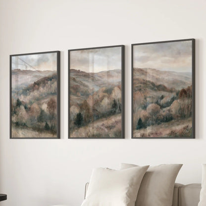 Neutral nature scenery wall art, a 3-piece wall hanging set, sits behind the sofa in the living room with slim black frames for understated warmth.