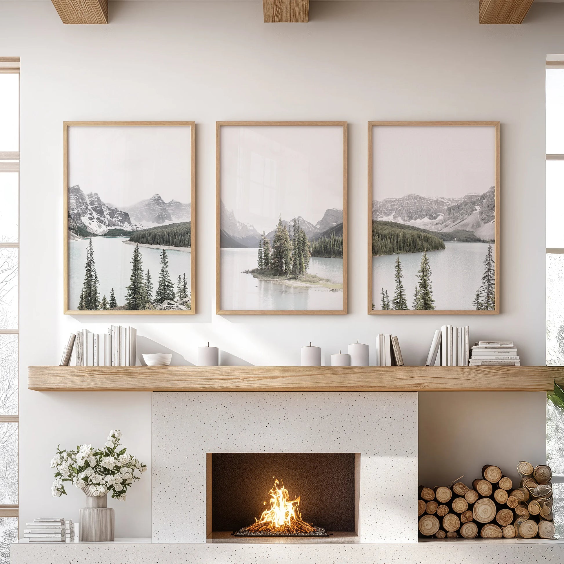 Canadian wilderness landscape, a 3-print bundle in natural wood frames, hangs over the hearth and adds cozy, lodge-like character to the living room.