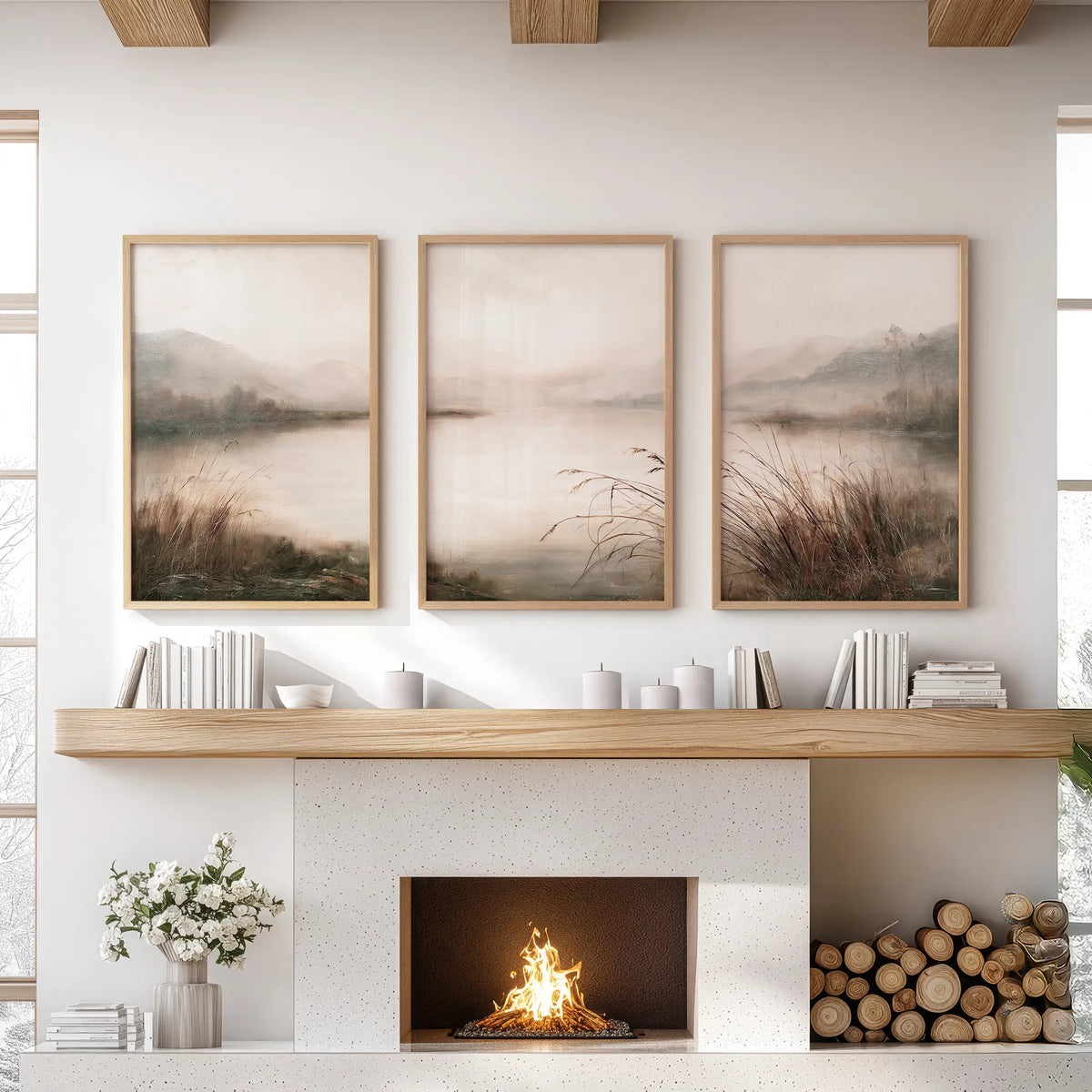 Three-poster rustic countryside wall art bundle in wood frames, arranged over the hearth in a sitting room.
