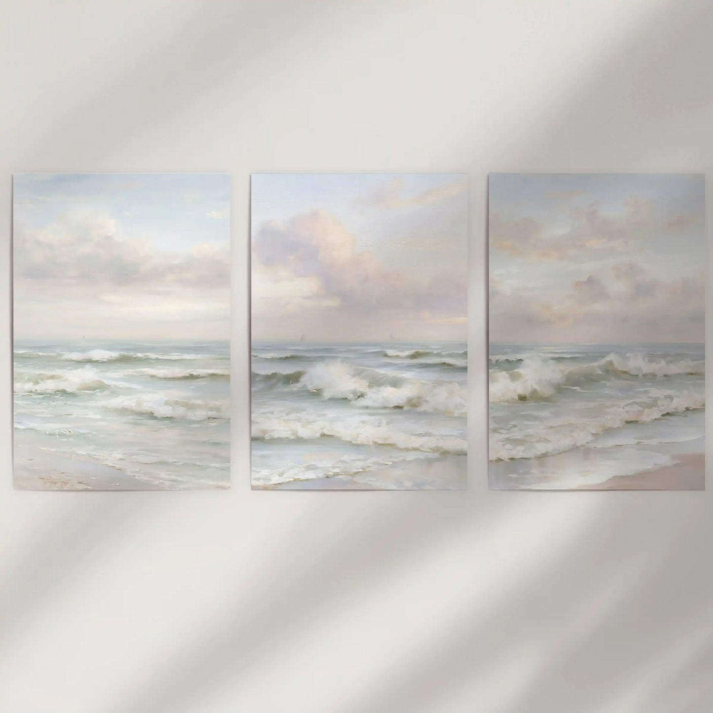 A 3-piece seaside print set, shipped unframed for flexible display, adds calm coastal air to a pared-back wall.