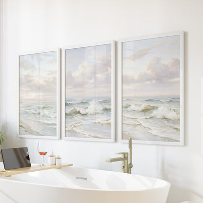 Beach Seascape 3 Piece Wall Art. Soft Waves, Cloudy Sky Prints