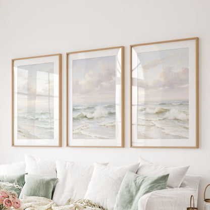 Beach Seascape 3 Piece Wall Art. Soft Waves, Cloudy Sky Prints