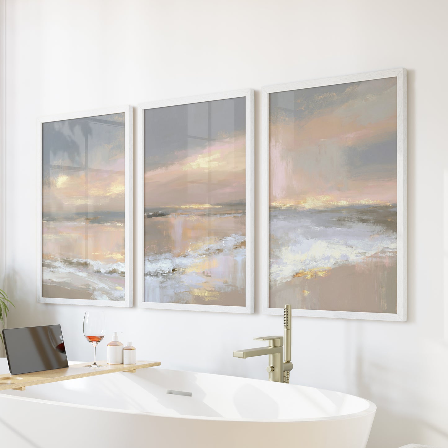 Abstract Coastal Set of 3 Prints. Neutral Seascape Painting