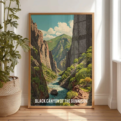 A thin wood-framed picture print of sheer canyon cliffs leans on the bedroom floor, adding rugged texture without crowding the space.
