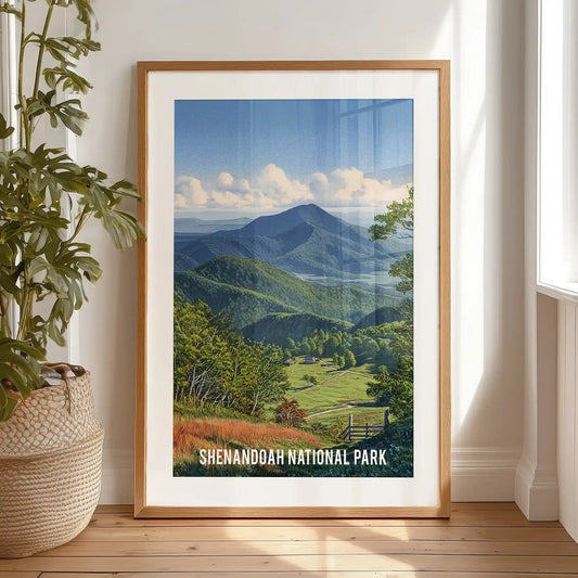 This Shenandoah National Park poster, matted and black-framed, is propped on the bedroom floor by the window, showing layered misty peaks.