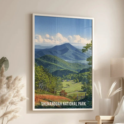 Shenandoah Valley individual wall art in a crisp white frame is mounted above an accent chair in the lounge, glazing the space with rolling blue hills.