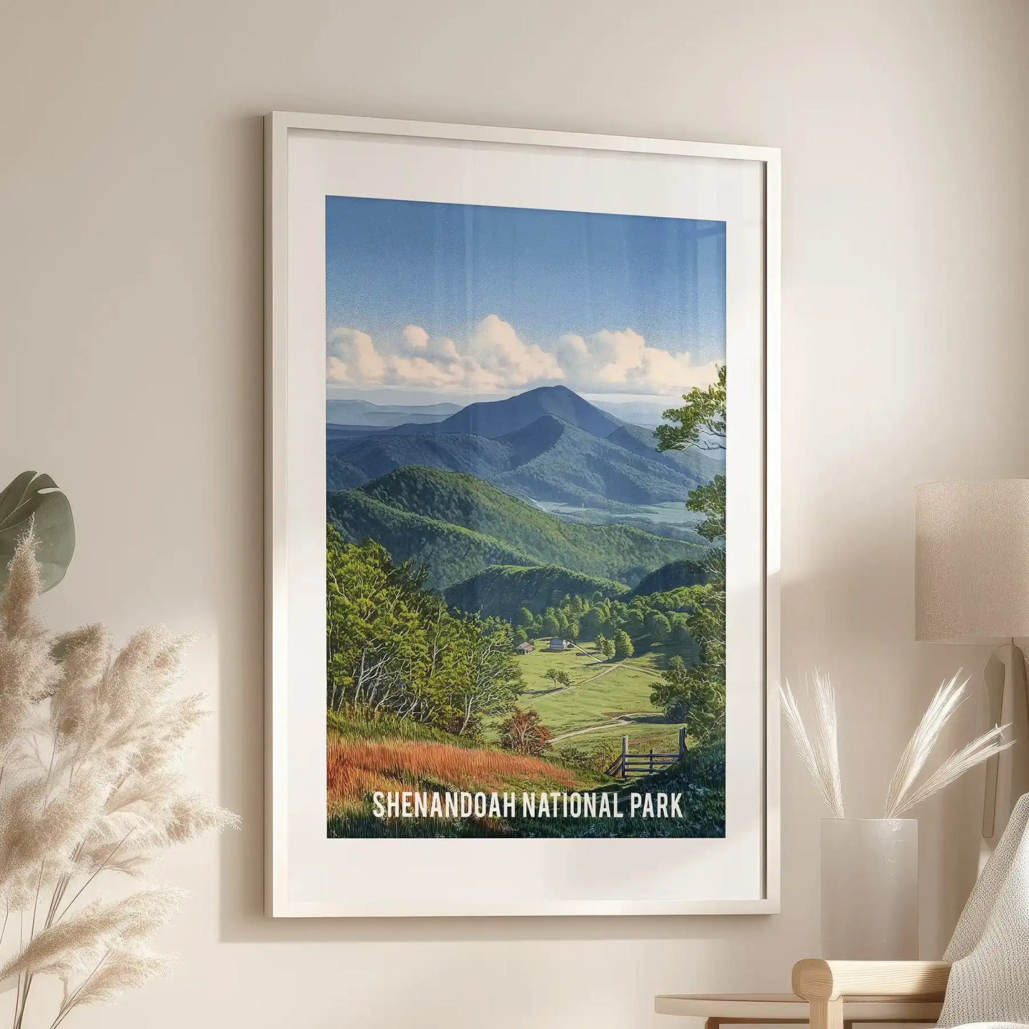 Appalachian Mountains illustration, a white framed print with mat, spans the living room wall above the seating and reads like a vintage travel poster.