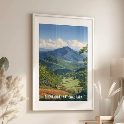 Appalachian Mountains illustration, a white framed print with mat, spans the living room wall above the seating and reads like a vintage travel poster.