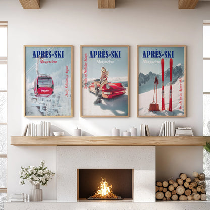 A three-piece set of winter mountain prints in natural wood frames centers the living-room hearth with calm peaks and cool blue accents.