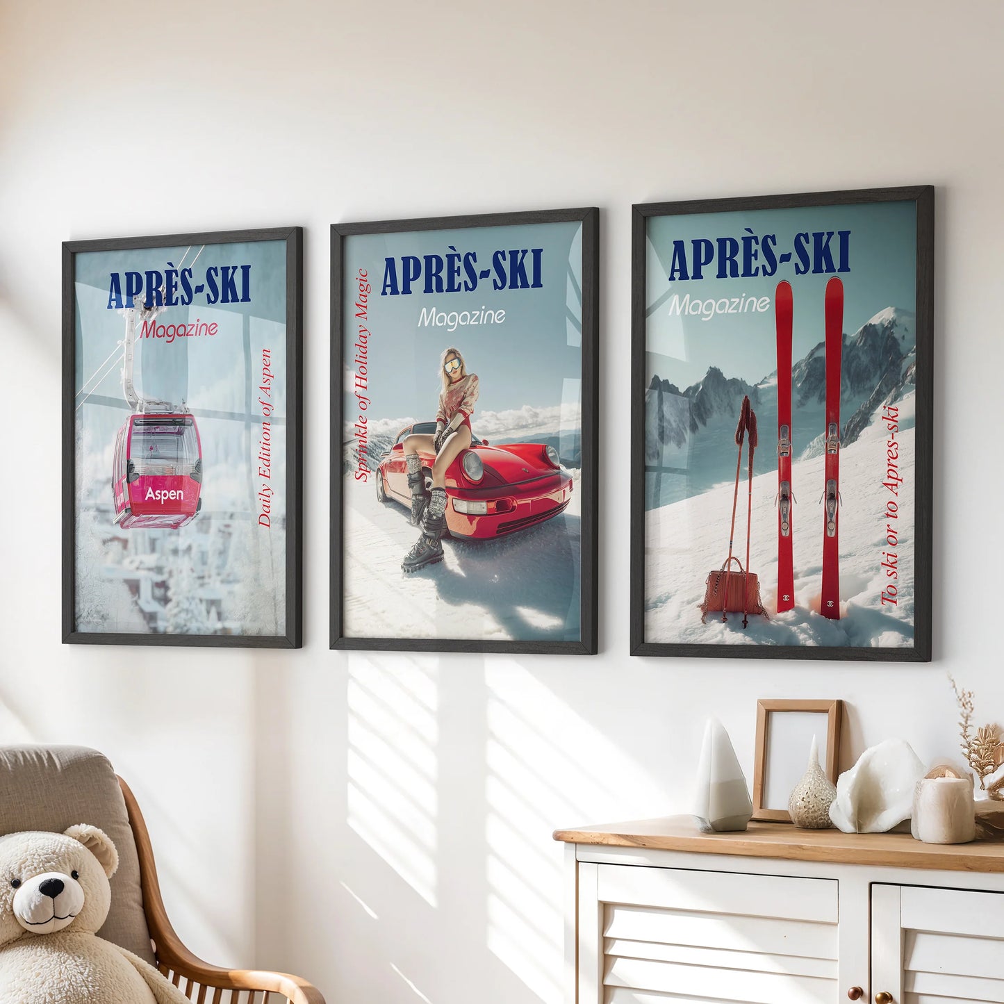 Large black-framed Aspen resort poster art, grouped as three prints, gives the playroom above the dresser a bold alpine twist.