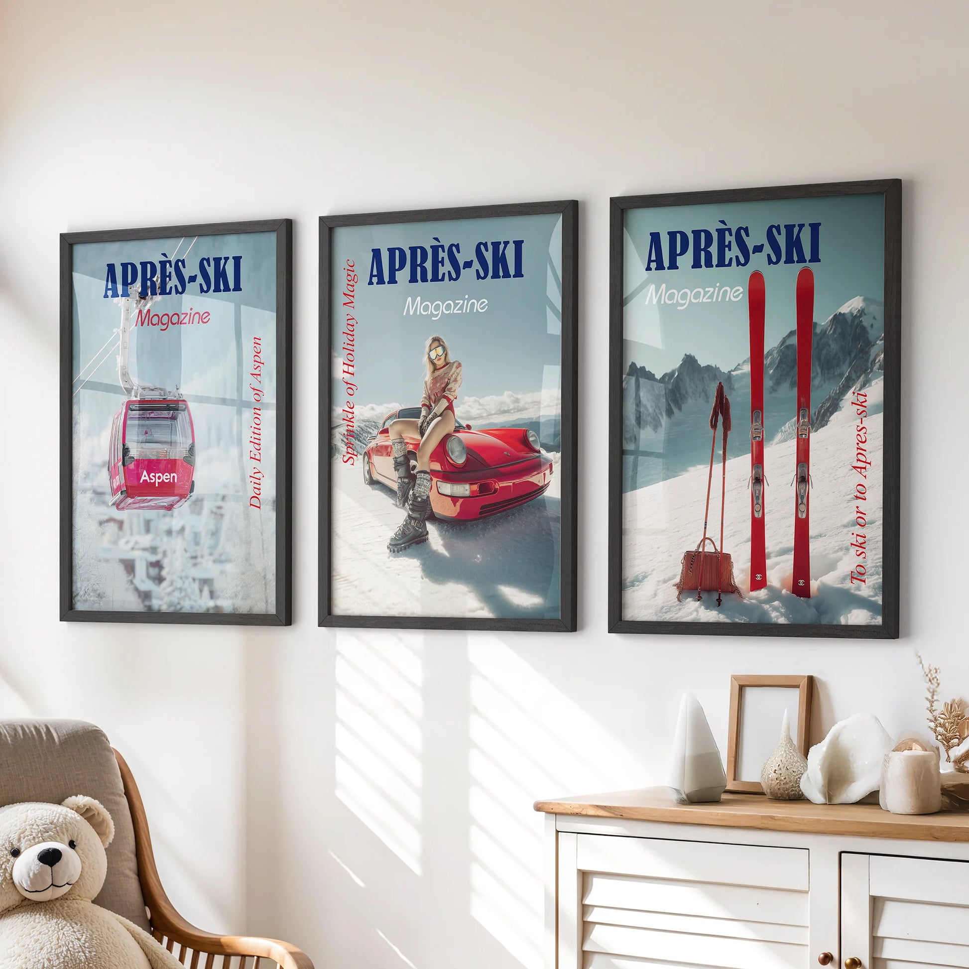 Large black-framed Aspen resort poster art, grouped as three prints, gives the playroom above the dresser a bold alpine twist.