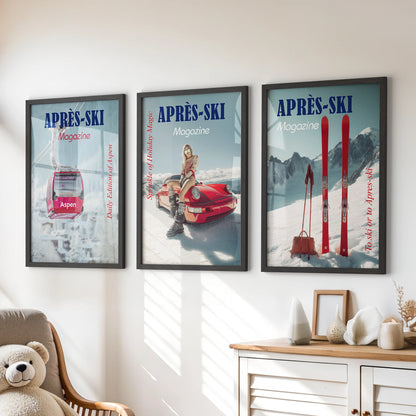Large black-framed Aspen resort poster art, grouped as three prints, gives the playroom above the dresser a bold alpine twist.