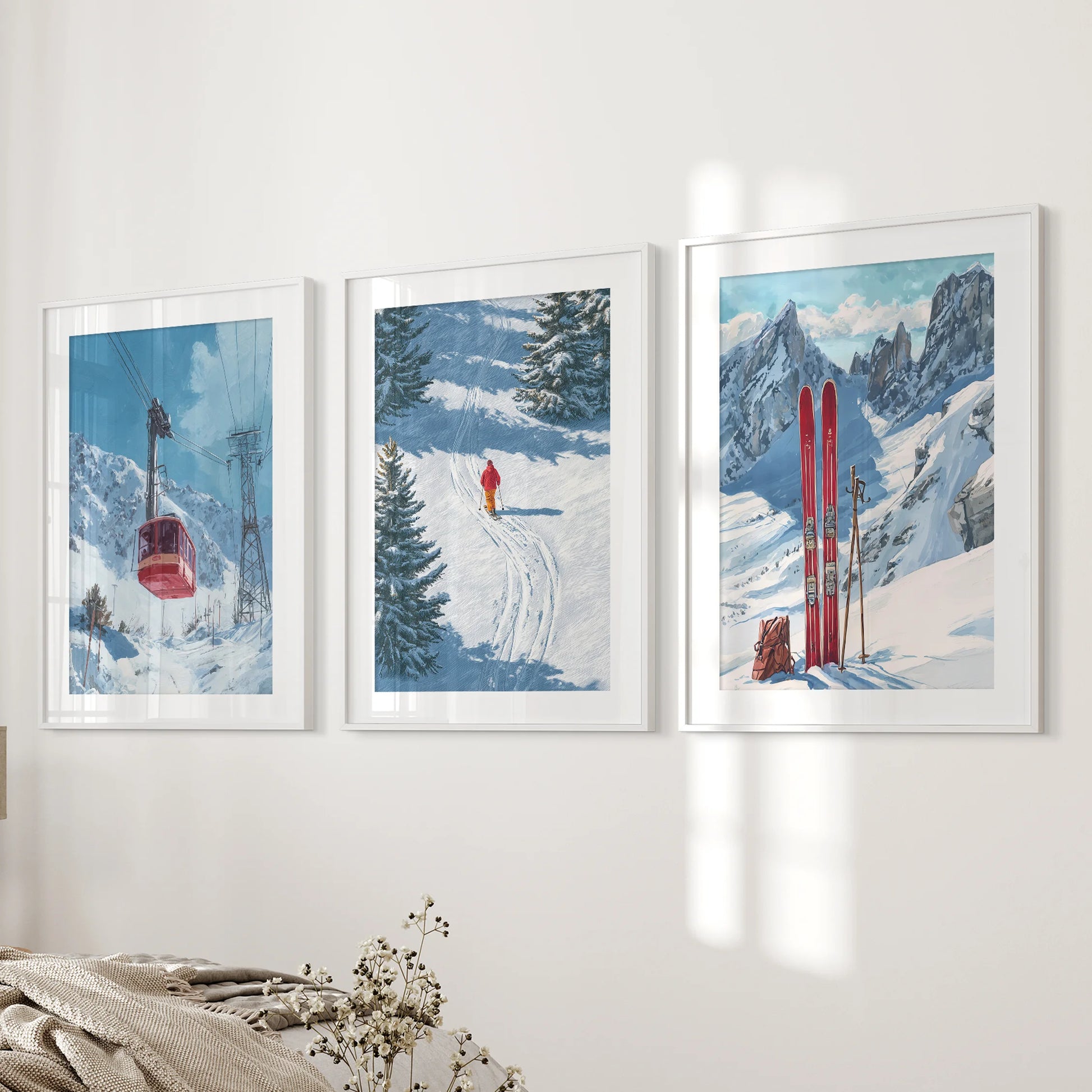Retro skiing poster wall art, 3 pc set in white mat frames, accents a bedroom beside the bed with bold lines and a nostalgic palette.