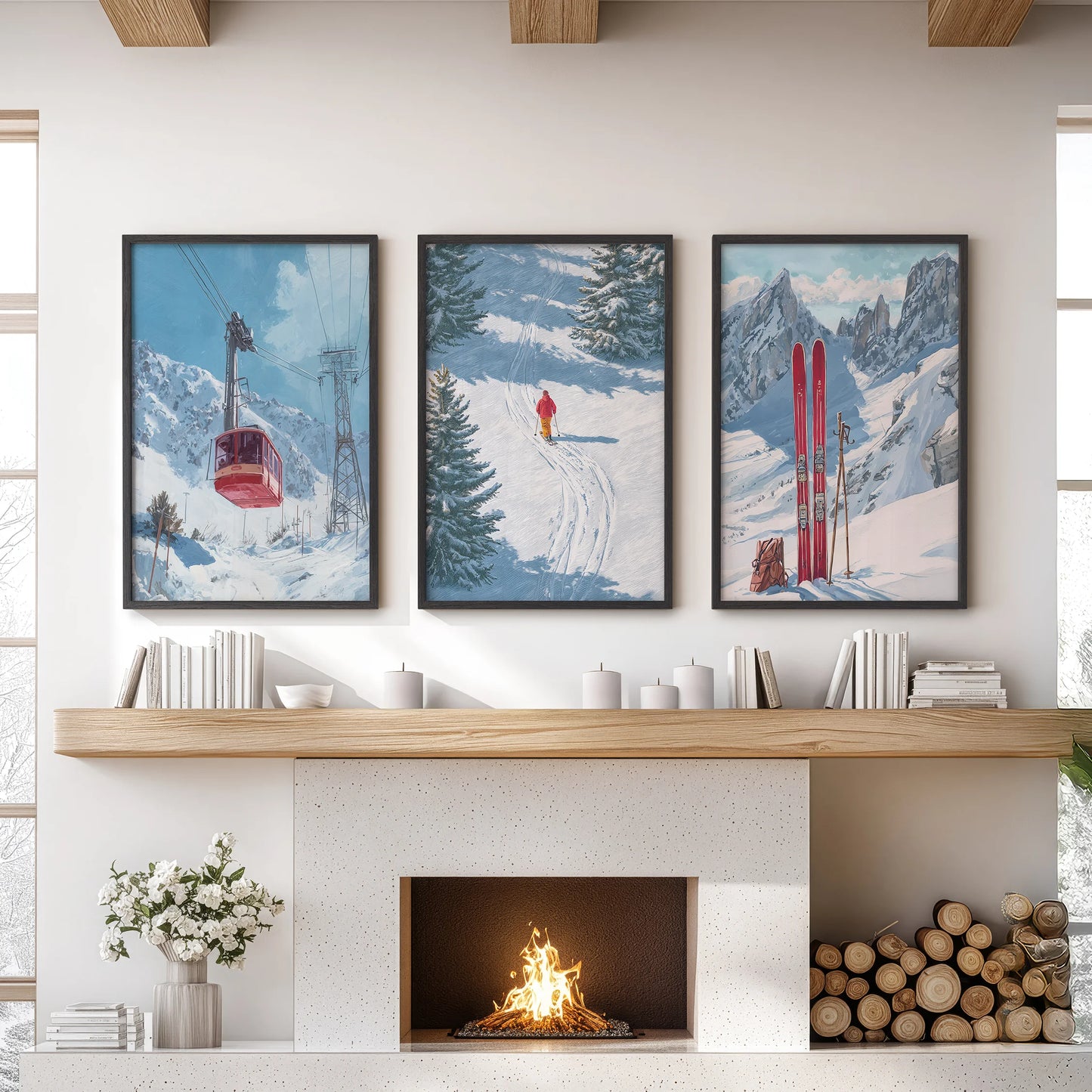 Ski resort scene wall art, 3-piece set in black frames, anchors a living room display above the mantelpiece with snowy slopes and chairlifts.