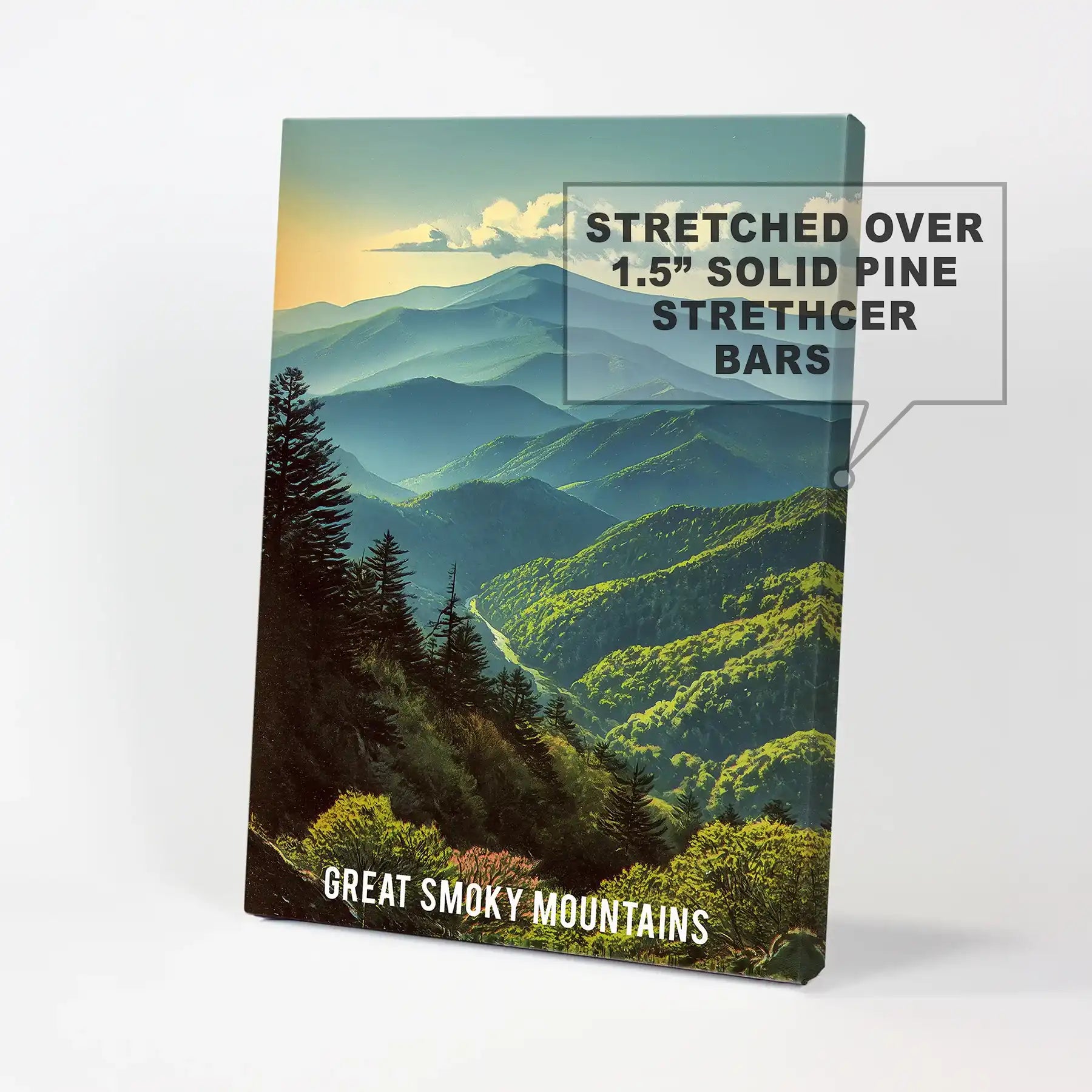 Wrapped canvas wall decor of the Great Smoky Mountains adds depth and gentle haze, turning the wall into a layered, scenic view.