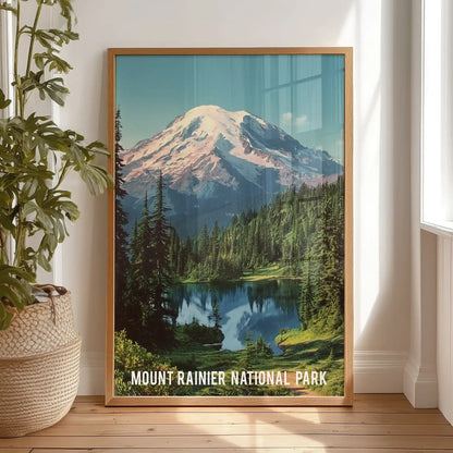 Washington national park scenery standalone poster in a warm oak frame leans on the bedroom floor, lending rustic trail energy to the space.