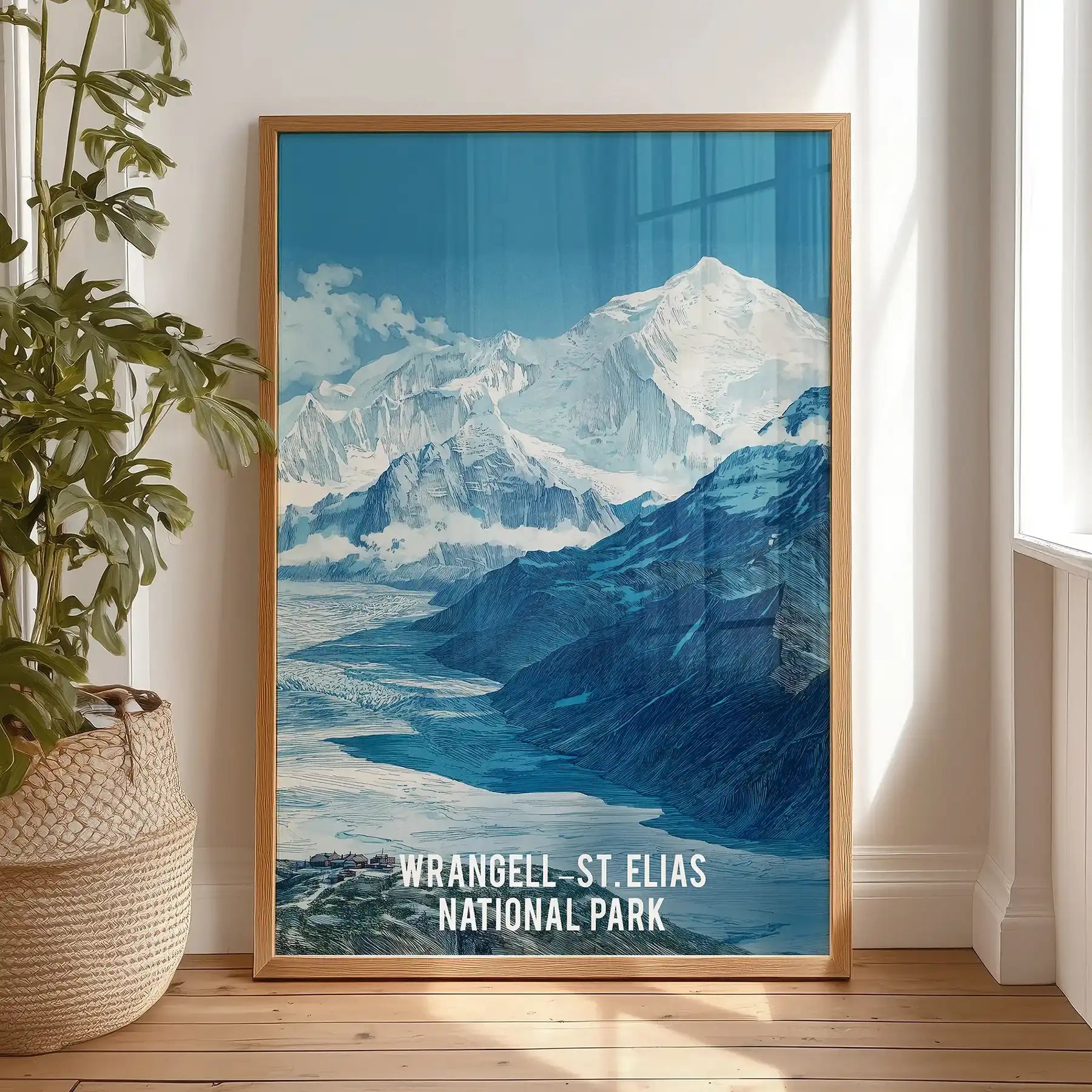 Leaning lightly on the bedroom floor, this thin wood-framed Alaska illustration shows pale glaciers and sky in a quiet, minimal study.