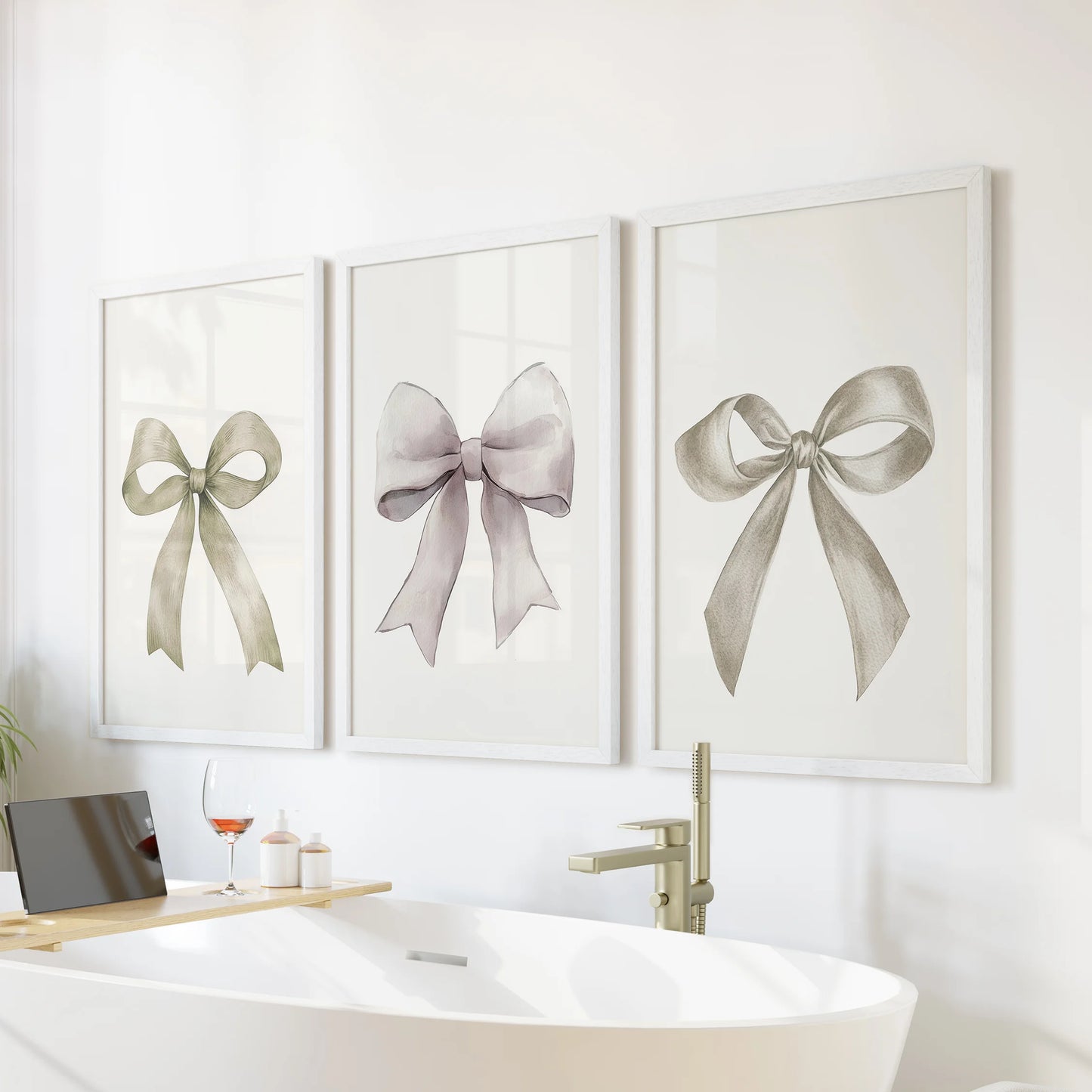 Cream ribbon posters, a 3-piece set, rest over the bathtub in white frames, lending a serene, coquette touch to the bathroom's calm neutrals.
