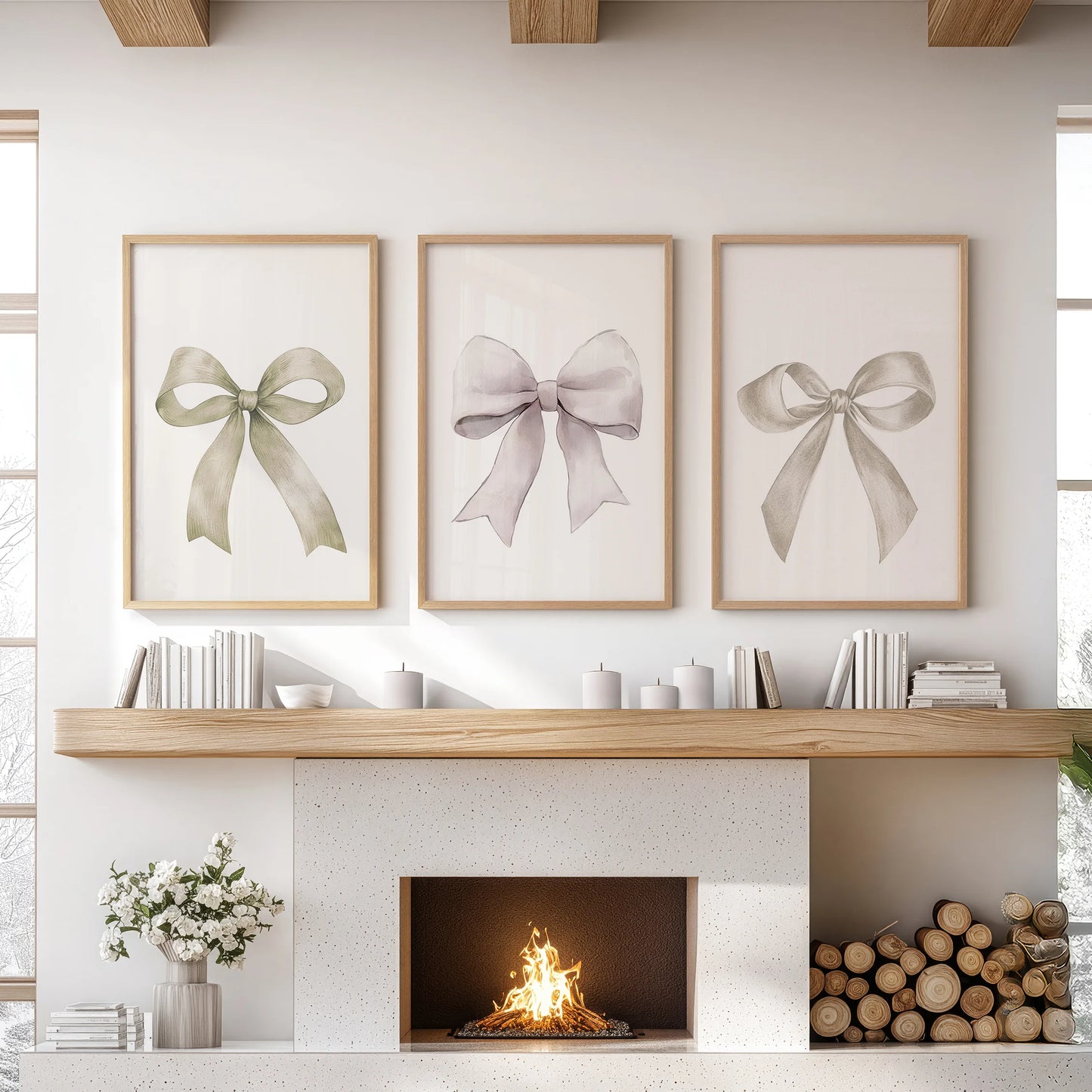 A trio of neutral ribbon prints in light oak frames sits above the sitting-room mantel, warming the space with creamy bow motifs.
