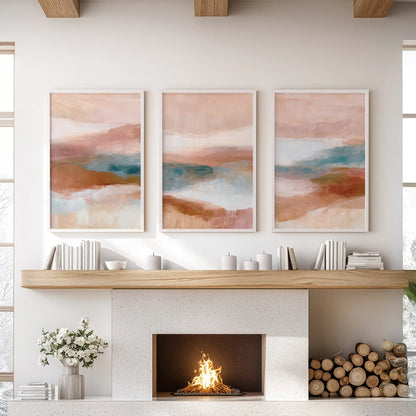 Textured minimalist forms, a three-piece wall hanging in white frames, center the sitting room when placed above the mantelpiece.