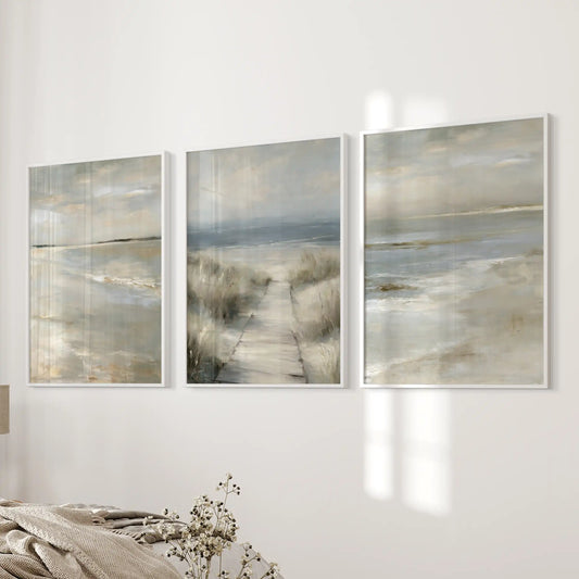Serene ocean horizon 3-piece wall art, in crisp white frames, settles the bedroom wall with quiet coastal simplicity.