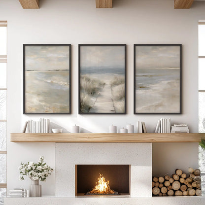 Beach path through dunes three-piece wall art set, black framed for the lounge, sits above the mantel to bring a calm, modern coastal note.
